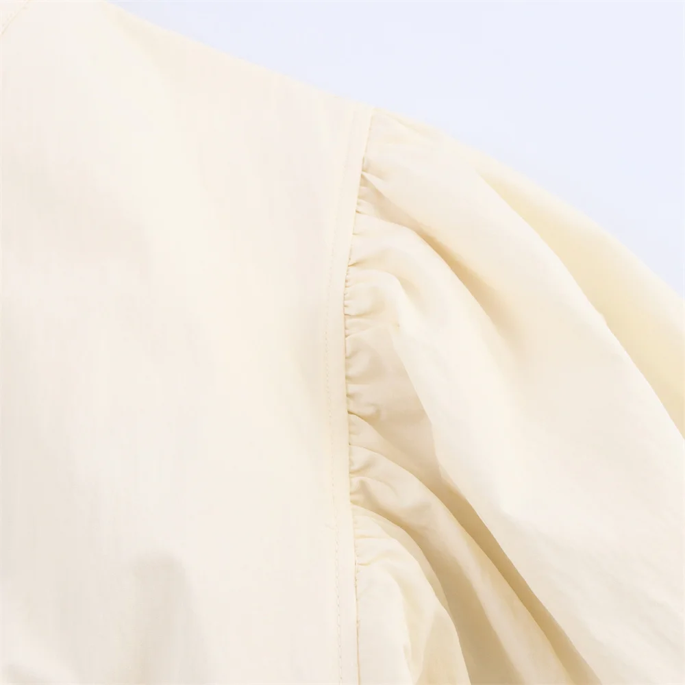 خريف جديد الملابس النسائية مزاجه سليم صالح جولة الخامس الرقبة فقاعة الأكمام القوس حزام قميص نمط الشق اللباس #4