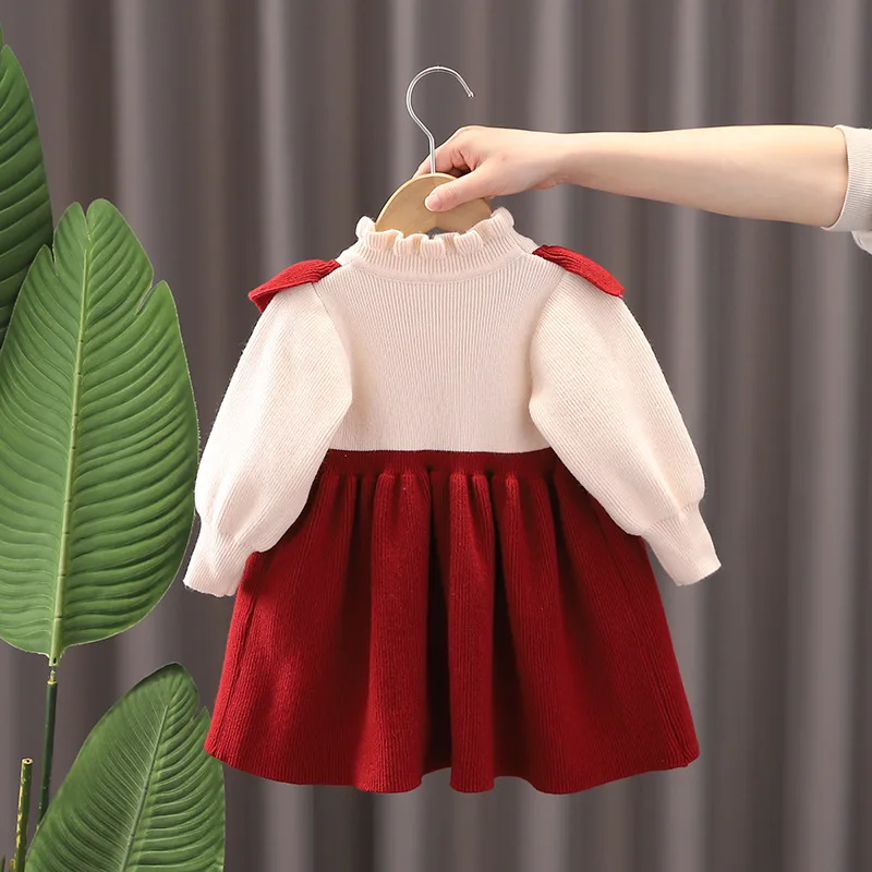 Girls' Knitted Dress Autumn/Winter Western Style Dress Red Princess Dress Baby Girl One Year Old Christmas Dress，W131