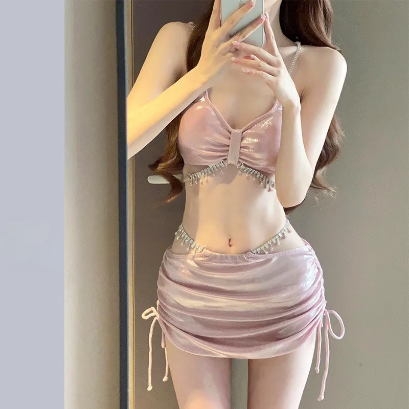 Rosa brilhante strass coreano roupa de banho mini saias biquinis define corda cruz sexy maiô 2025 maiô férias praia wear