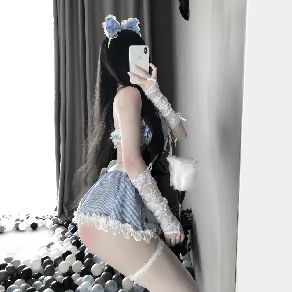 Anime Kawaii Blue Maid Uniform Cosplay Costumes for Women Sexy Lingerie Tops and Skirt Set Sailor School Girl Outfit