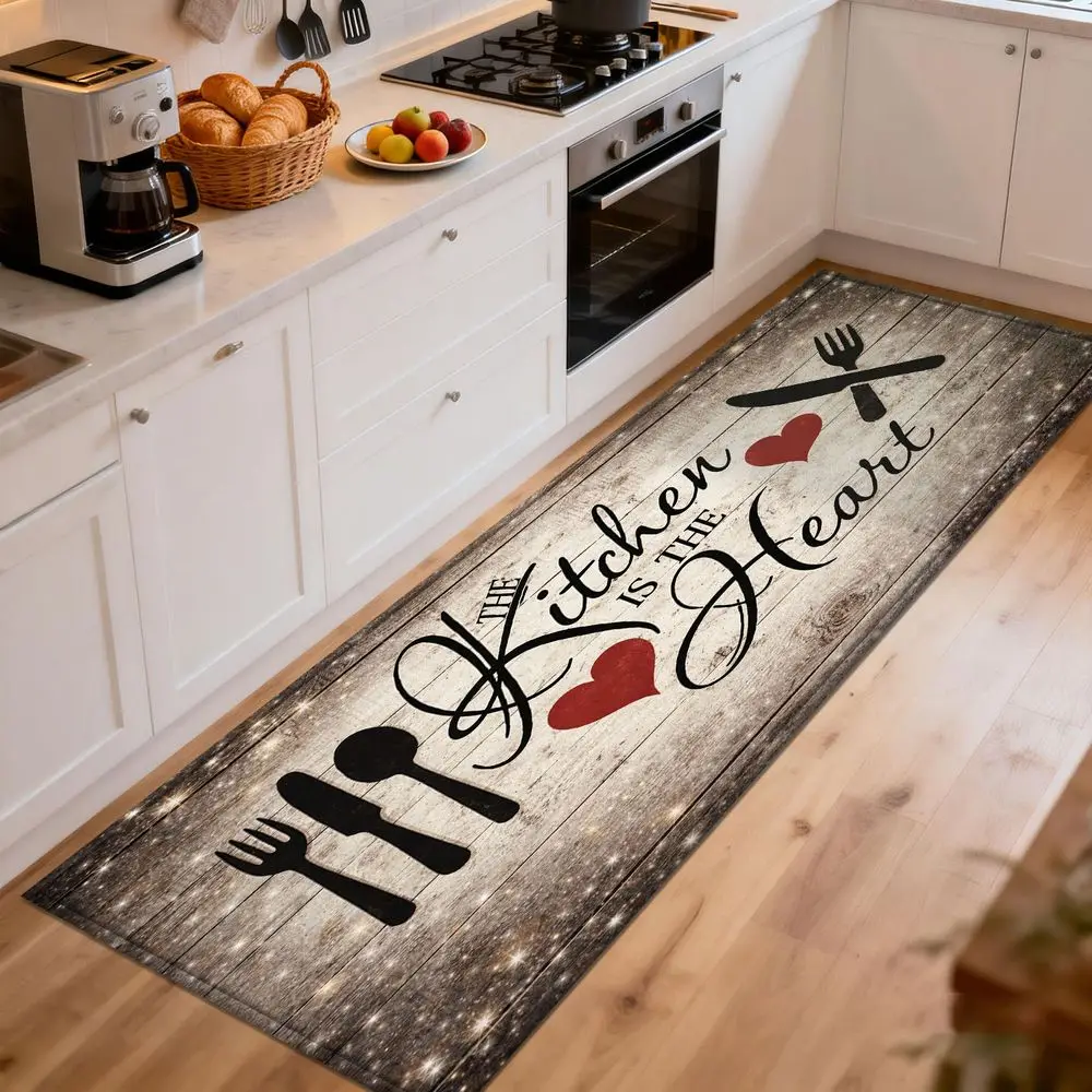 VIKAMA Kitchen Alphabet Kitchenware Food Pattern Long Rug Machine Washable Interior Dining Room Laundry Room Floor Mat Home Deco