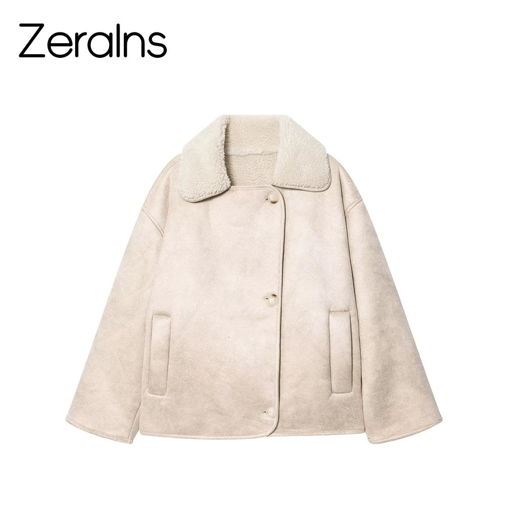 سترة ZERAINS على الطراز الأوروبي والأمريكي للخريف والشتاء من فراء الضأن الاصطناعي الجديد مع طية صدر السترة وسترة متكاملة على الوجهين