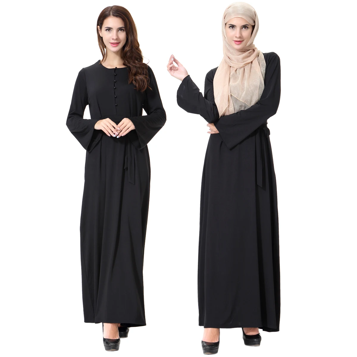 

Muslim Lady Round Neck Long Sleeves Button Abaya Arab Women Solid Color Loose Ramadan Ankle Length Robe Maxi Dress