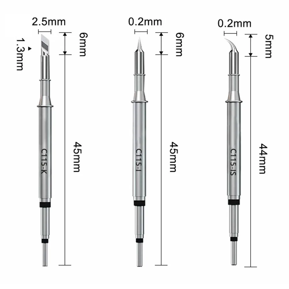 3pcs C115 Soldering Iron Tips Set Fast Heating Stainless Steel Blade Point Bent For Integrated Heating Element Welding Repair
