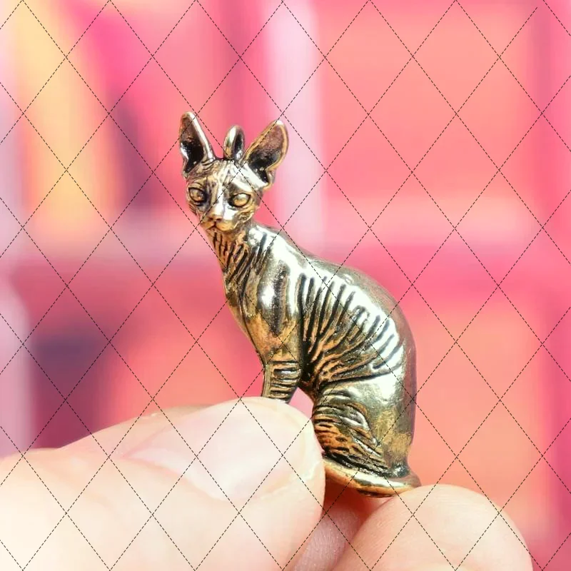 Vintage Solid Brass Hairless Cat Figurine Small Desktop Ornament Animal Model Home Decor Lucky Craft Accessory