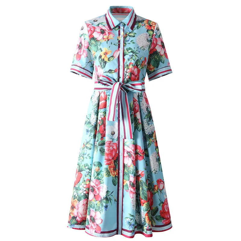 Vestido plissado de manga curta feminino, gola virada para baixo, vestidos estampados com flores verdes