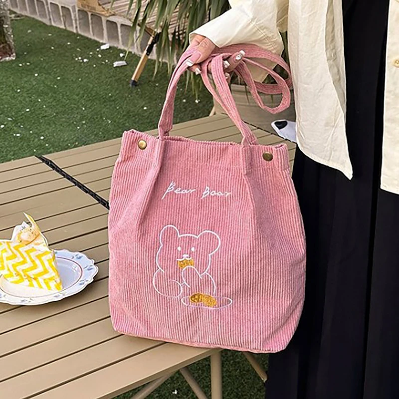 Women Corduroy Shoulder Bag High-capacity Bear Ladies Casual Handbag Tote Bag Reusable Large Capacity