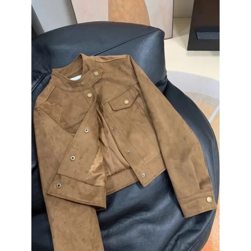 

2024 American vintage coffee color leather coat for women's Spring and Autumn design sense niche short motorcycle wear