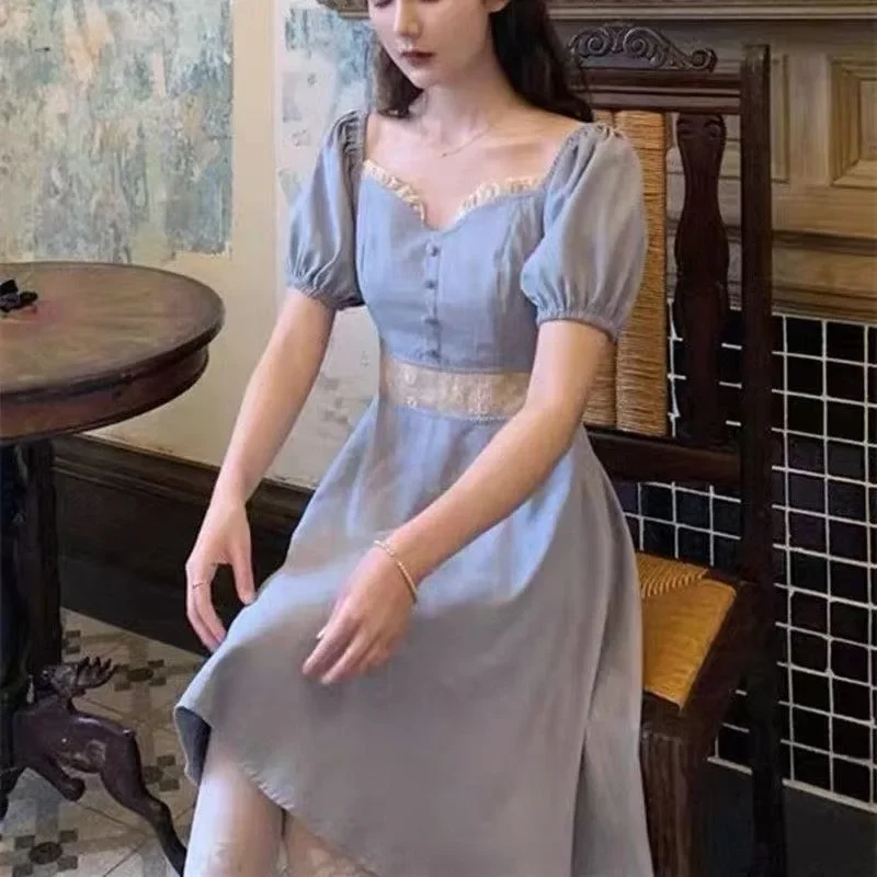 Abito da fata in Chiffon estivo donna manica a sbuffo in cotone vita sottile scava fuori abito a maniche corte abito carino dolce retrò francese