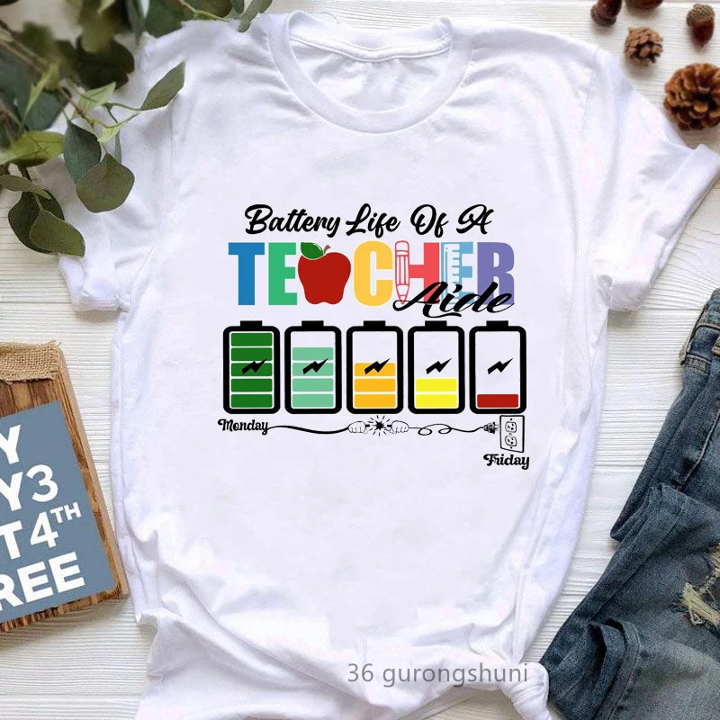 

Battery Life Of A Teacher Monday To Friday Graphic Print T-Shirt Women White Short Sleeve Tshirt Femme Harajuku Shirt Streetwear