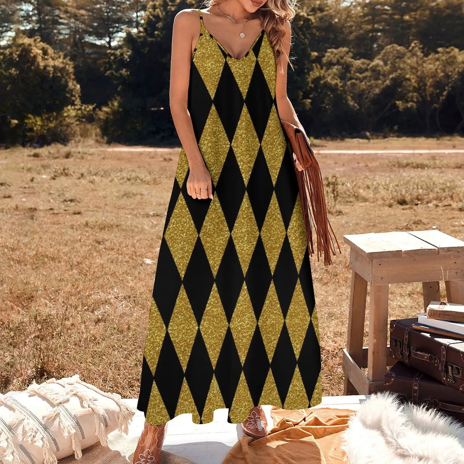 Black and Gold Harlequin Sleeveless Dress clothes for woman elegant guest wedding dress dresses with long sleeves fairy dress