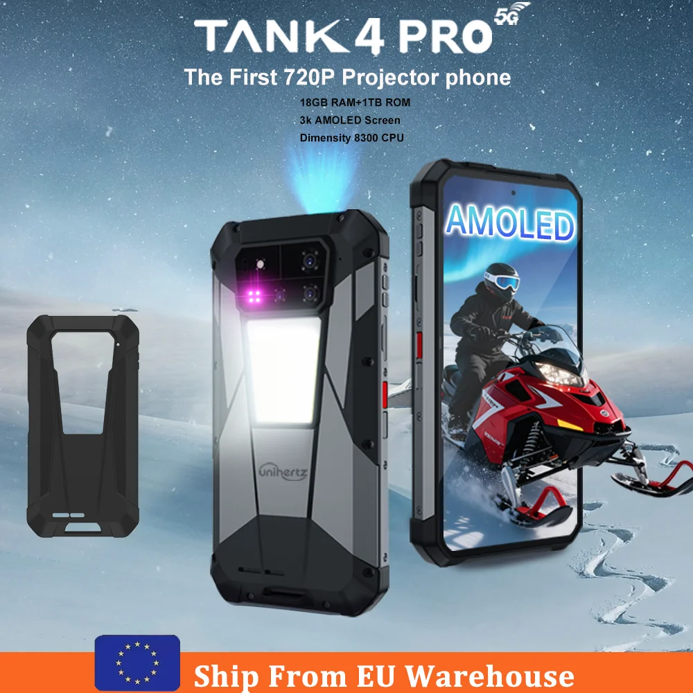 Expédition UE Unihertz 8849 TANK 4 Pro Téléphone robuste Android 15 5G avec projecteur 720P Écran AMOLED 3K Processeur 8300 18 Go de RAM + 1 To de ROM