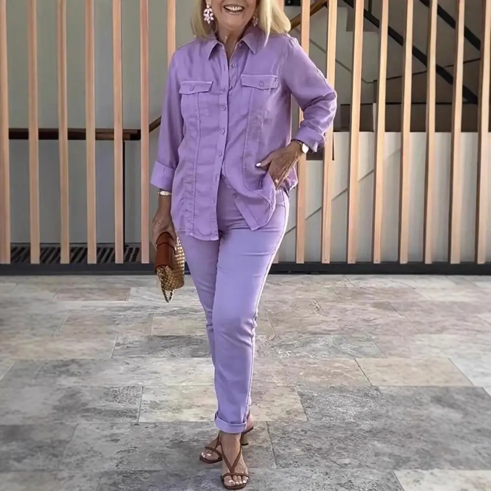

Casual Solid Color Outfit Polyester Fiber Two-piece Set Casual Women's Two Piece Set with Long Sleeve Lapel Shirt for Spring