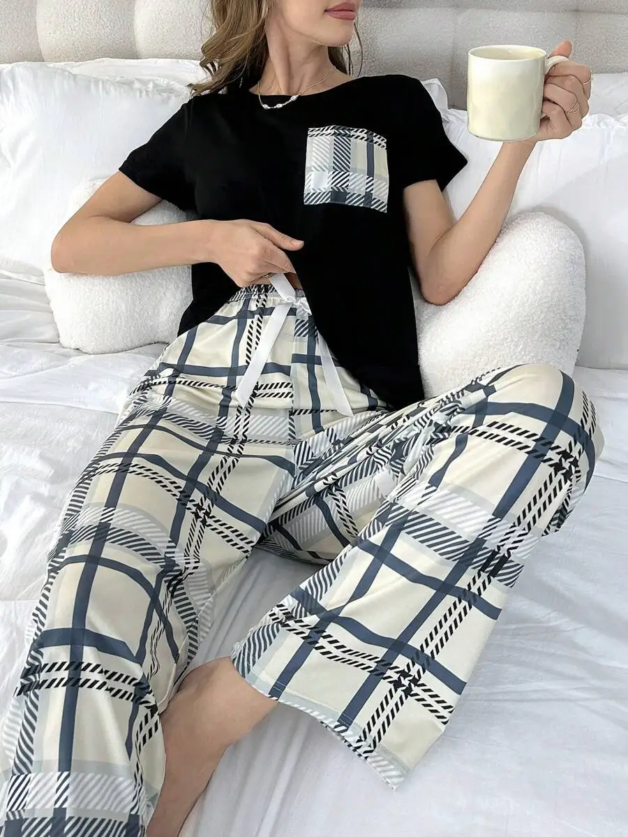

Women's Black Short Sleeve Top with Plaid Pocket & Tie-Waist Plaid Lounge Pants Set