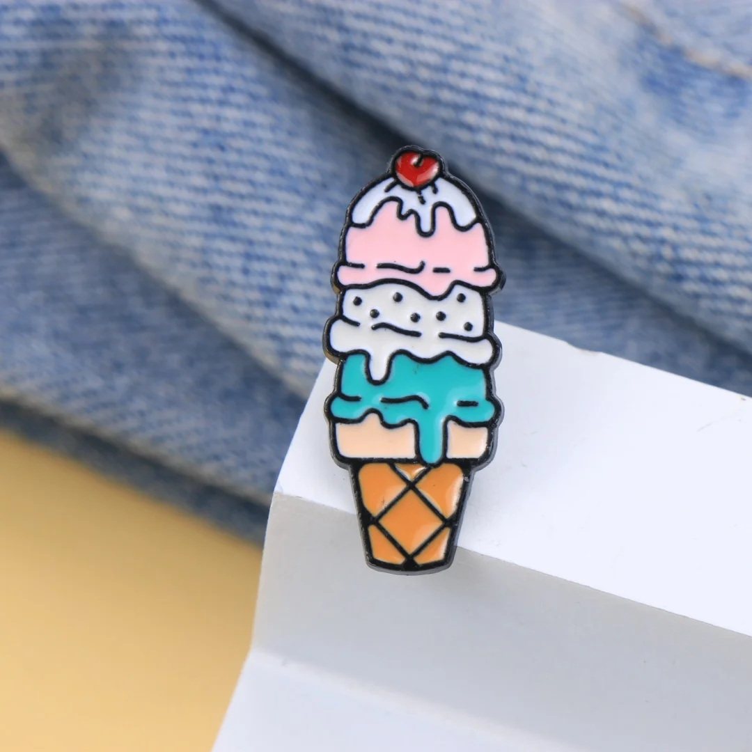 Cute Cartoon Ice Cream Enamel Brooch Multicolor Waffle Cone Cherry Metal Lapel Pin Bag Jacket Decor Badge Accessory