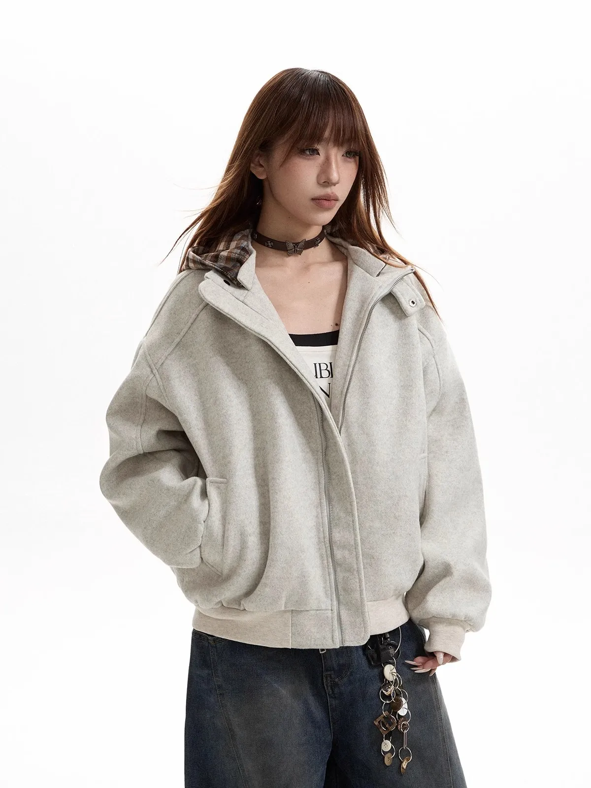 Retro americano xadrez boxy hoodie algodão jaet feminino cleanfit casaco de lã longo sve Thiened inverno commute sle