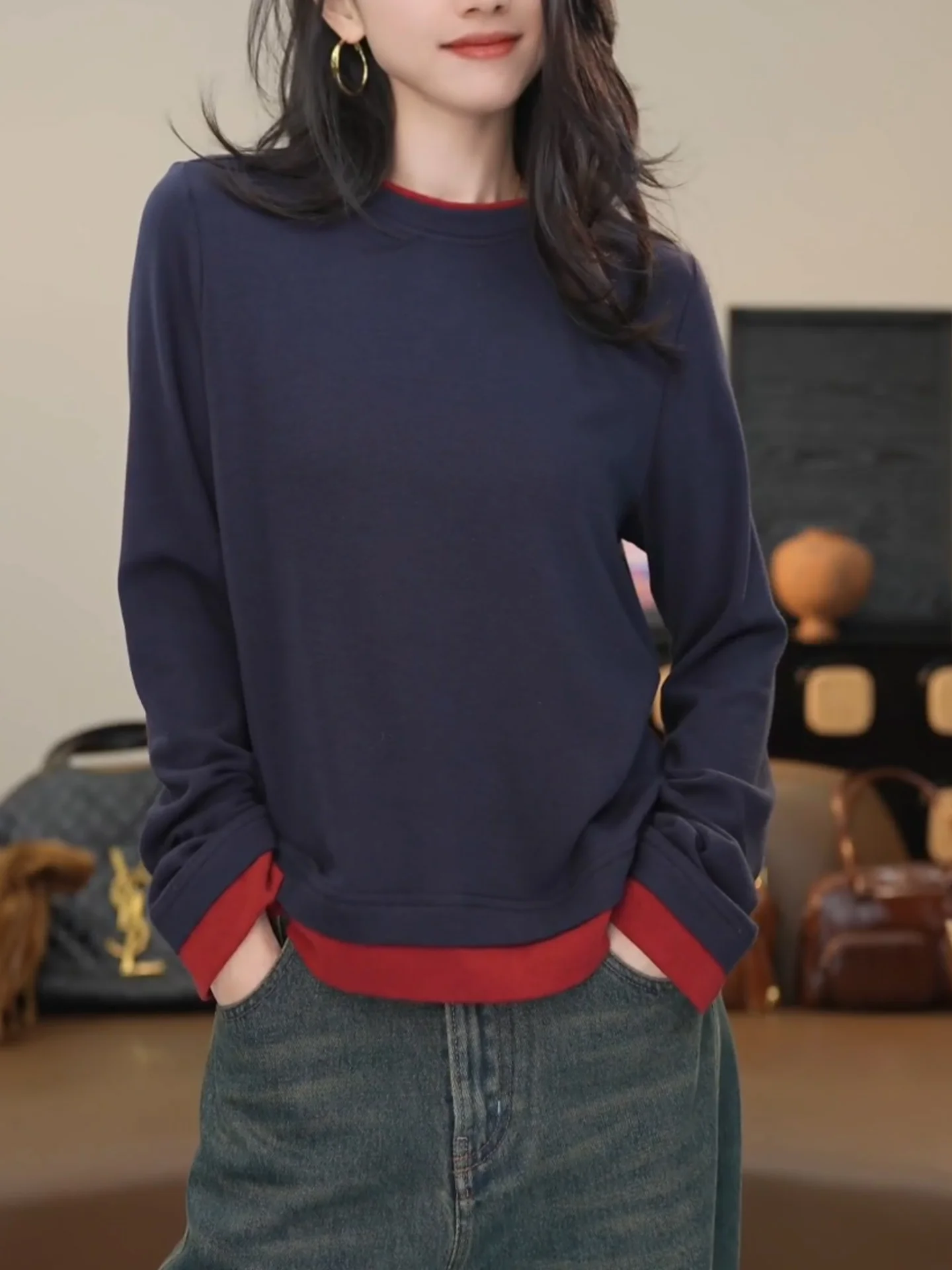 

Faionable женская футболка больших размеров Long Sve round Ne, цветная блузка, базовый слой для похудения, повседневная одежда, осень-зима