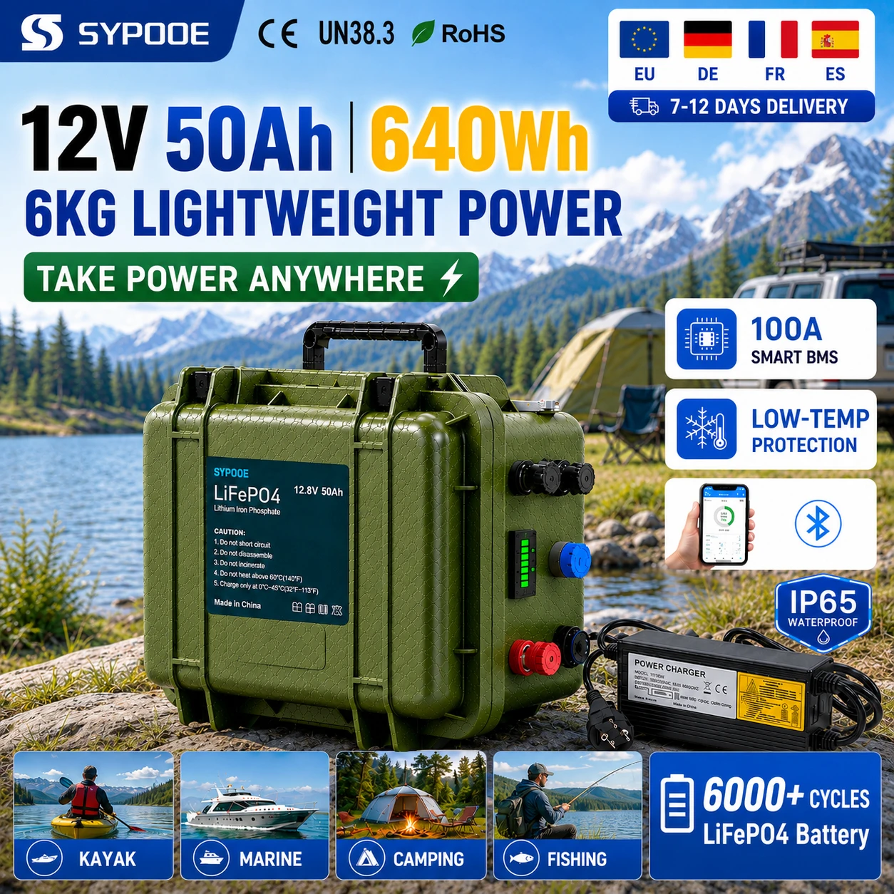 12V 50Ah 100Ah 150Ah 200Ah LiFePO4 Battery Portable Power Box Bluetooth Waterproof Multi Output For Fishing Kayak Camping RV