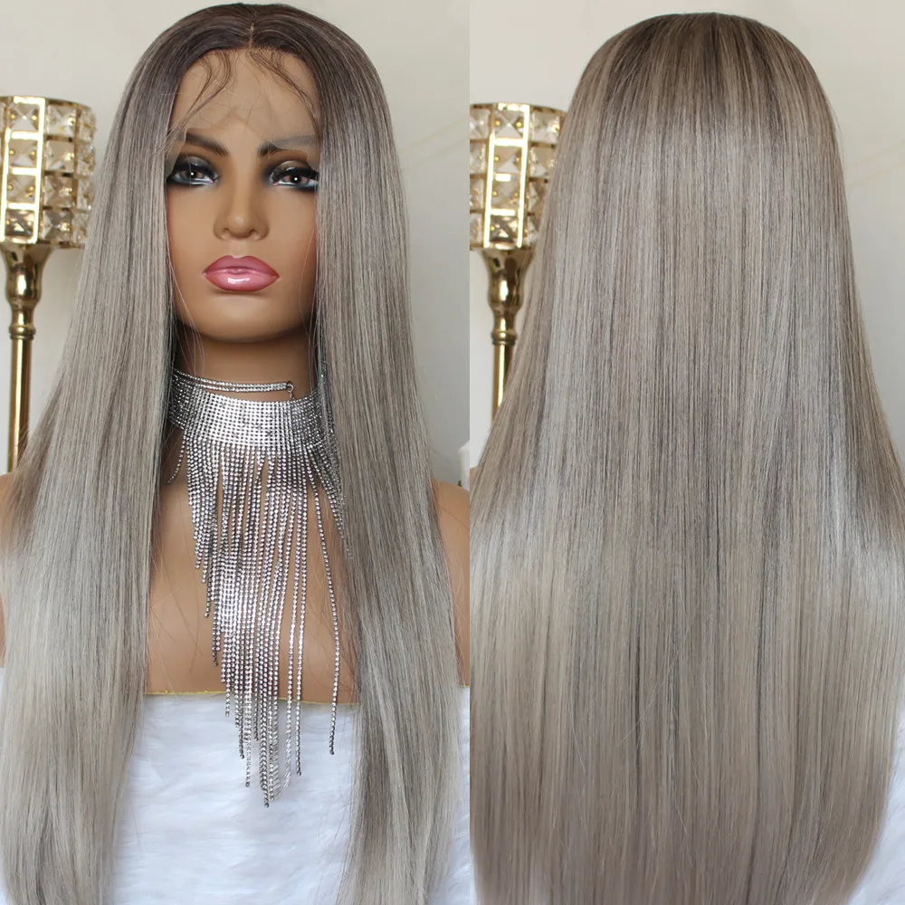 

Long Straight Lace Front Wig for Women Ombre Gray Colored 13x4 Synthetic Lace Front Wig Transparent Lace Wigs with Baby Hair