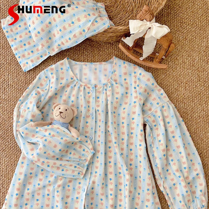 

Japanese Style Cartoon Print Women's Pajamas Pure Cotton Autumn New Home Wear Female Fabric 100% Cotton Japanese Style Set