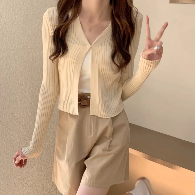 Women Korean Cardigan Long Sleeves V Neck Casual Knitted Button up Sun Protection