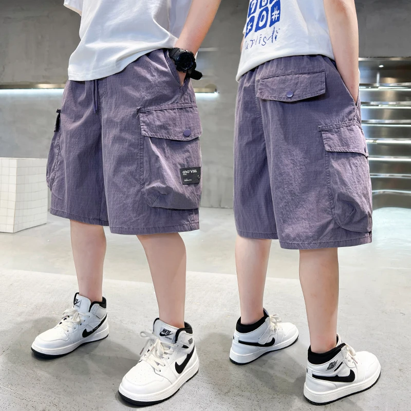 Kids Summer Knee Length Cargo Shorts for Teenager Boy Loose Casual Purple Beige Color Cotton Shorts with Side Pocket for Child