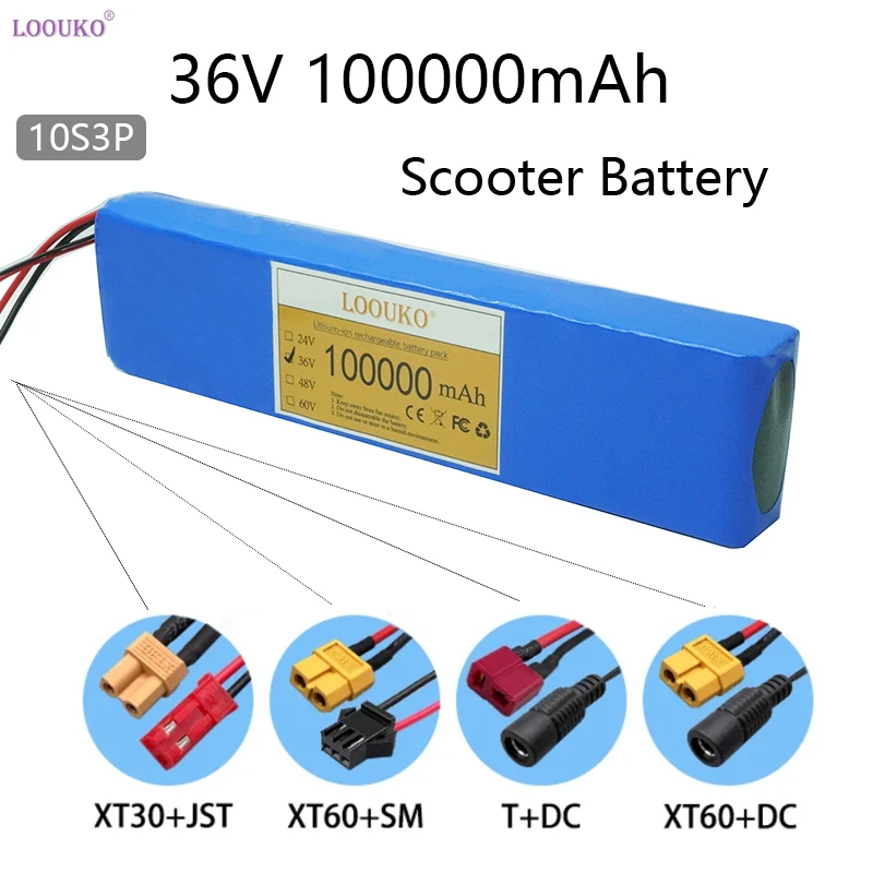 

36V 100Ah Scooter battery XT60 DC XT30 JST plug 18650 Rechargeable Lithium Battery Pack and charger for EBike Electric bicycle