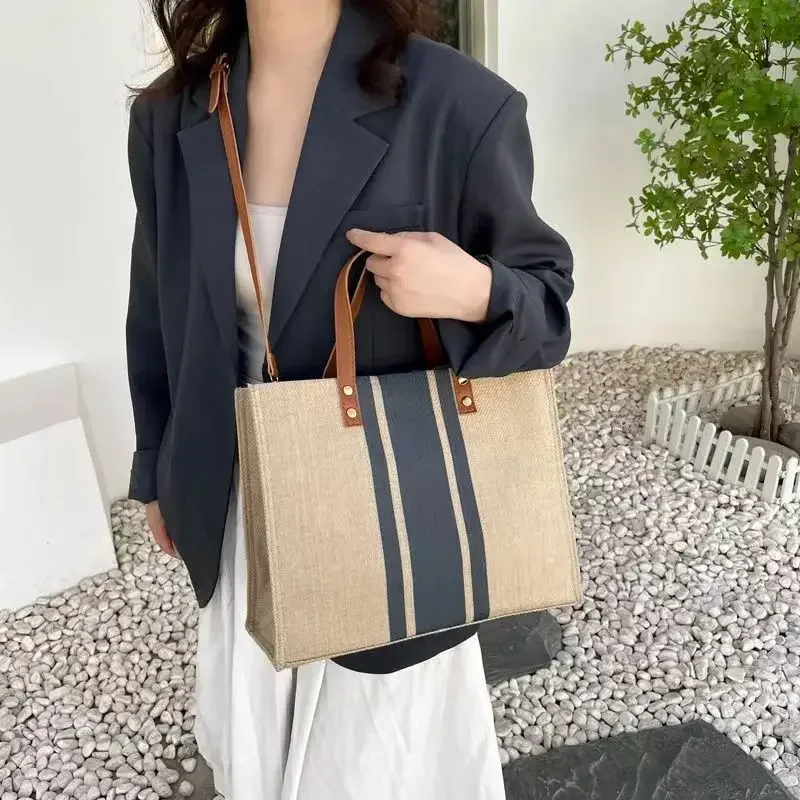 Women's Woven Crossbody Tote Bag Striped Simple Shoulder Bag Large Capacity Commuter Linen Tote Bag