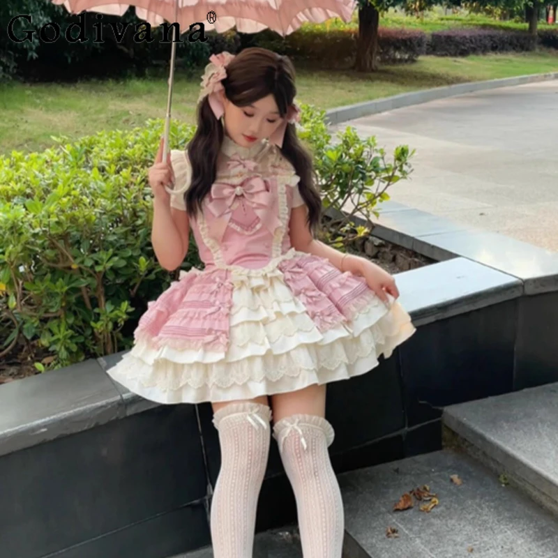 

Three Piece Lolita Suit Women's Daily Shirt Vest Cake Princess Skirt Set Female Summer Short Sleeve Pink Skirt Outfits
