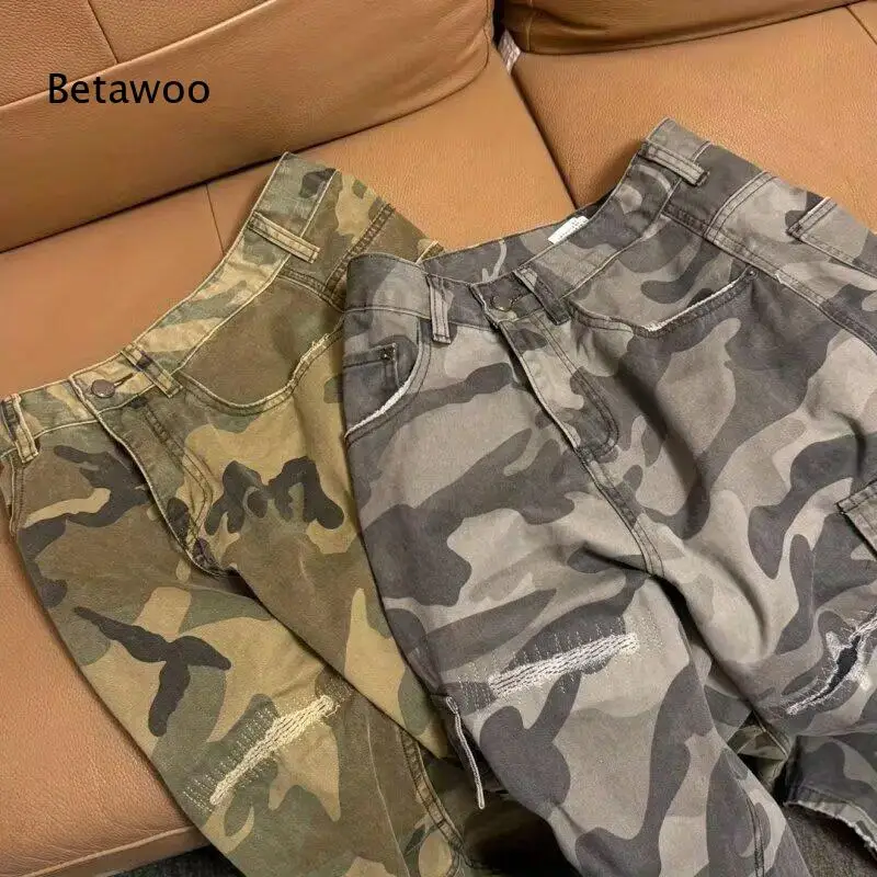 2026 Women Casual Baggy Camo Ripped Cargo Pants with Patchwork and Side Cargo Pockets