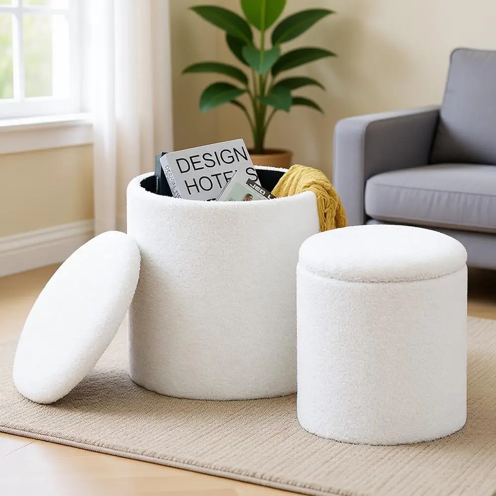 

Round Storage Ottoman with Padded Seat, Upholstered Vanity Stool, Living Room and Bedroom Accent Furniture, White