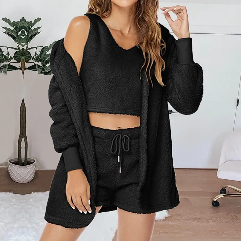 

Casual Tank Top and Shorts Fluffy Pajamas Set for Women Sleepwear Plus Size Leisure Homsuit Autumn Winter Three Pieces Pijamas