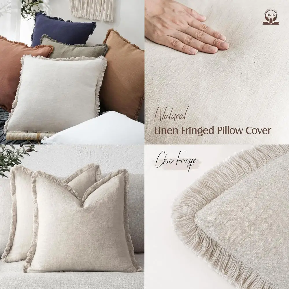 

Decorative Linen Throw Pillow Covers with Tassels, 26x26 Inches, Natural Beige, Boho Farmhouse Style for Living Room