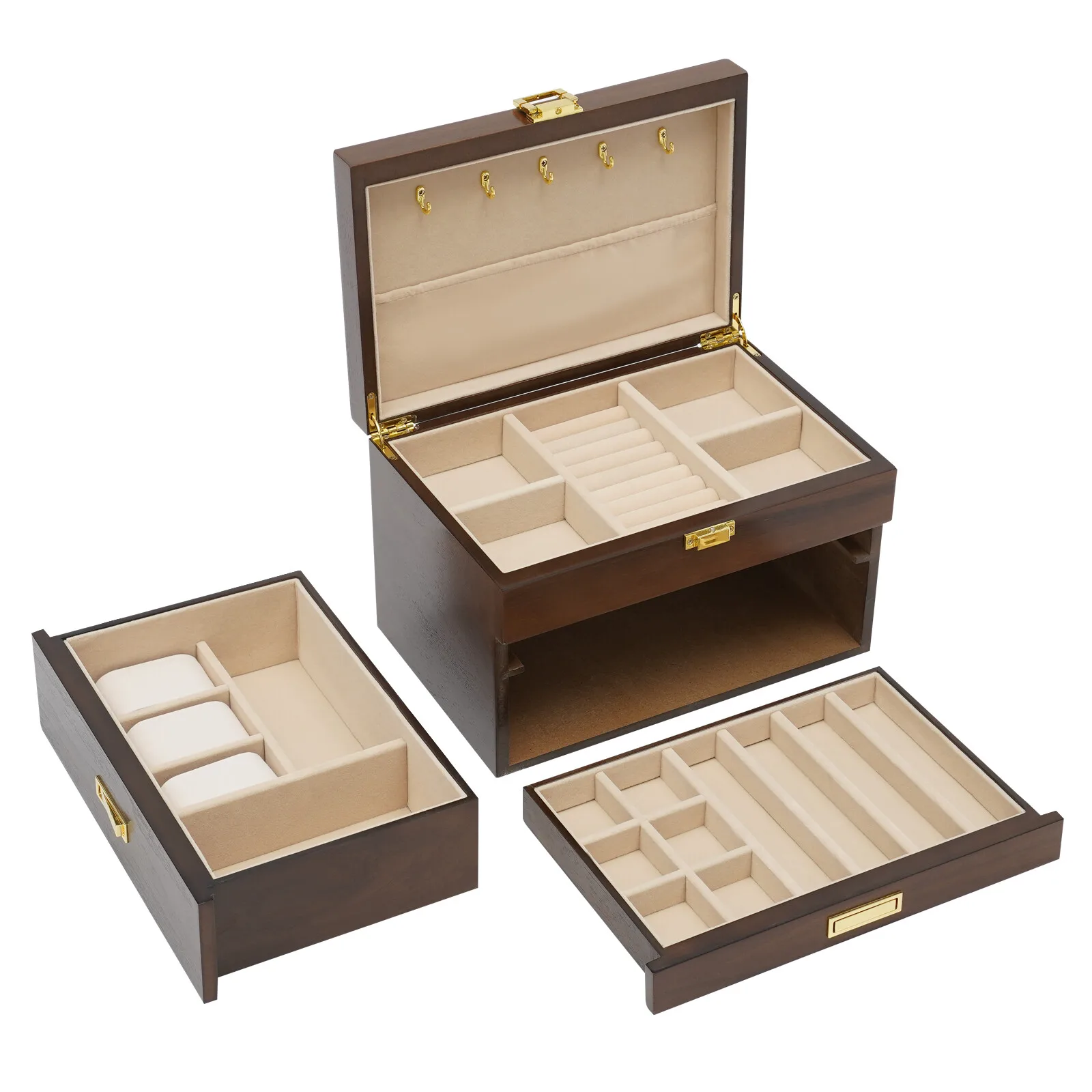 

Loyalheartdy 3 Layer Wooden Jewelry Box for Women Large Jewelry Organizer Case for Watches Necklace Ring Storage Box