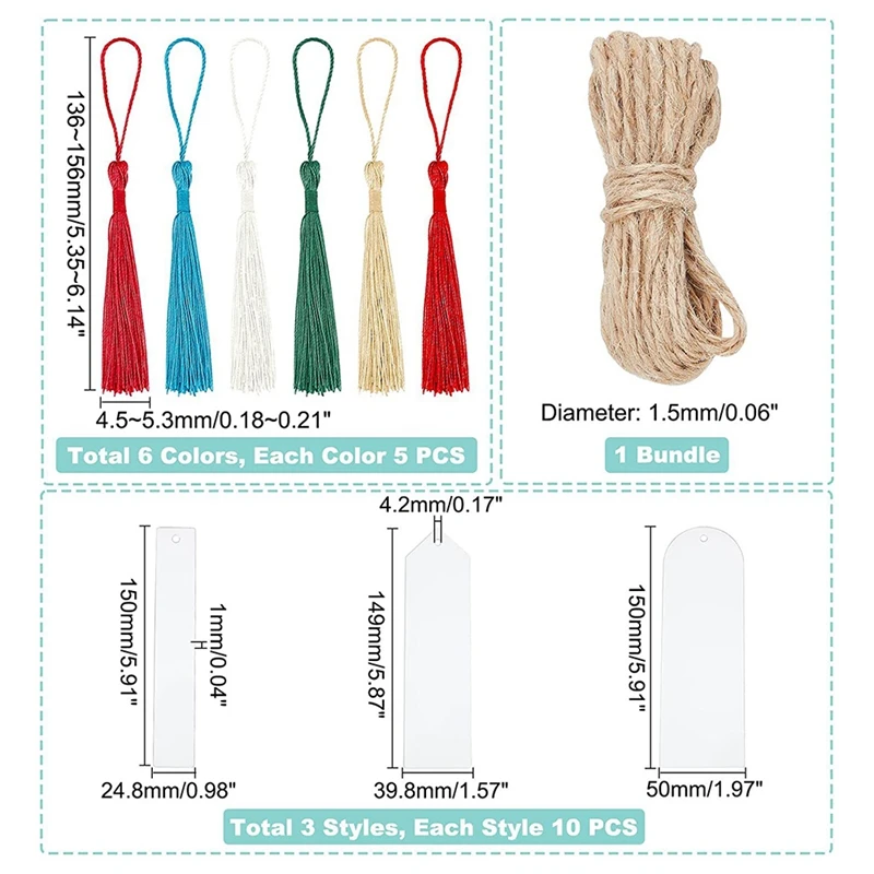 30PCS Clear Bookmarks Blank Bookmark With Colourful Bookmark Pendant For DIY Gifts Tags