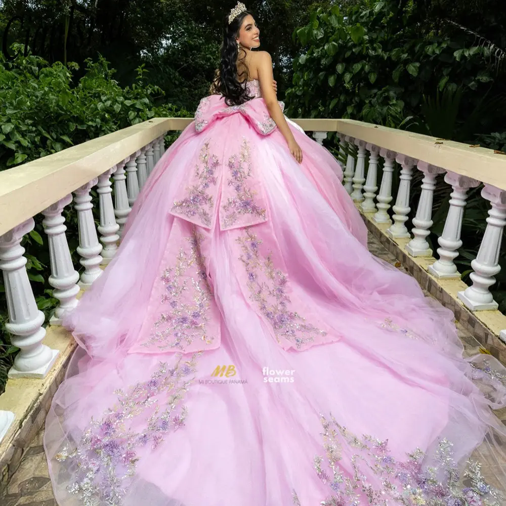 

Pink Sweetheart Sleeveless Bow Quinceanera Dresses Ball Gown Colorful Floral Appliques Lace Sweet 15 Años Mexican Customized