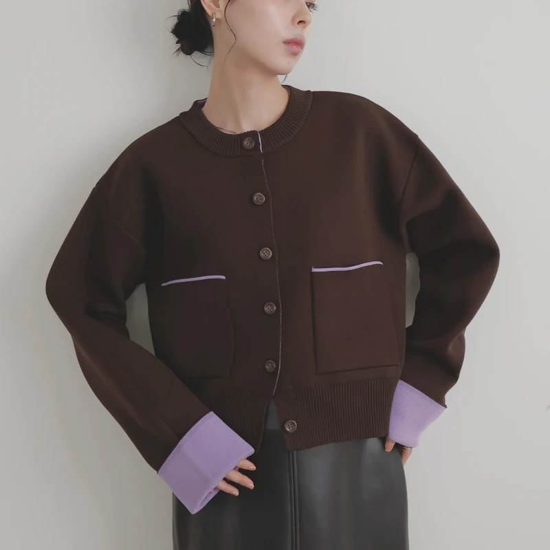 

Color Blocked Knitted Cardigan Sweater Jacket Women's Autumn Korean Fashion Simple Single Breasted Knitwear Tops Ladies Jumpers