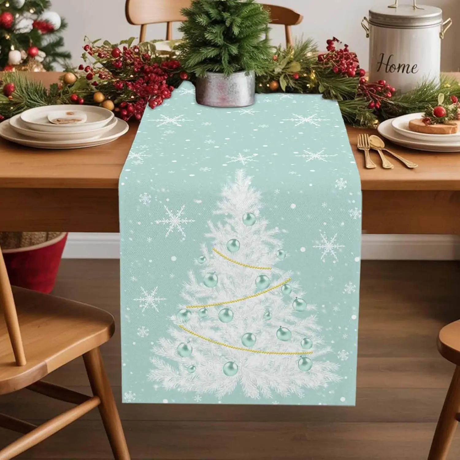 

Christmas Snowflakes Xmas Tree Teal Table Runner Party Decor Winter Holiday Kitchen Dining Table Runner Christmas Decorations