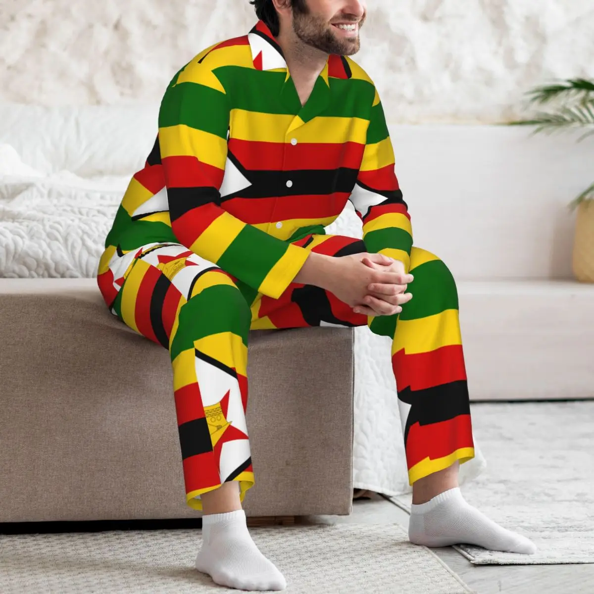 Conjunto de pijamas para hombre de otoño invierno de manga larga con bandera de Zimbabue ropa de dormir para el hogar 2 unids/set