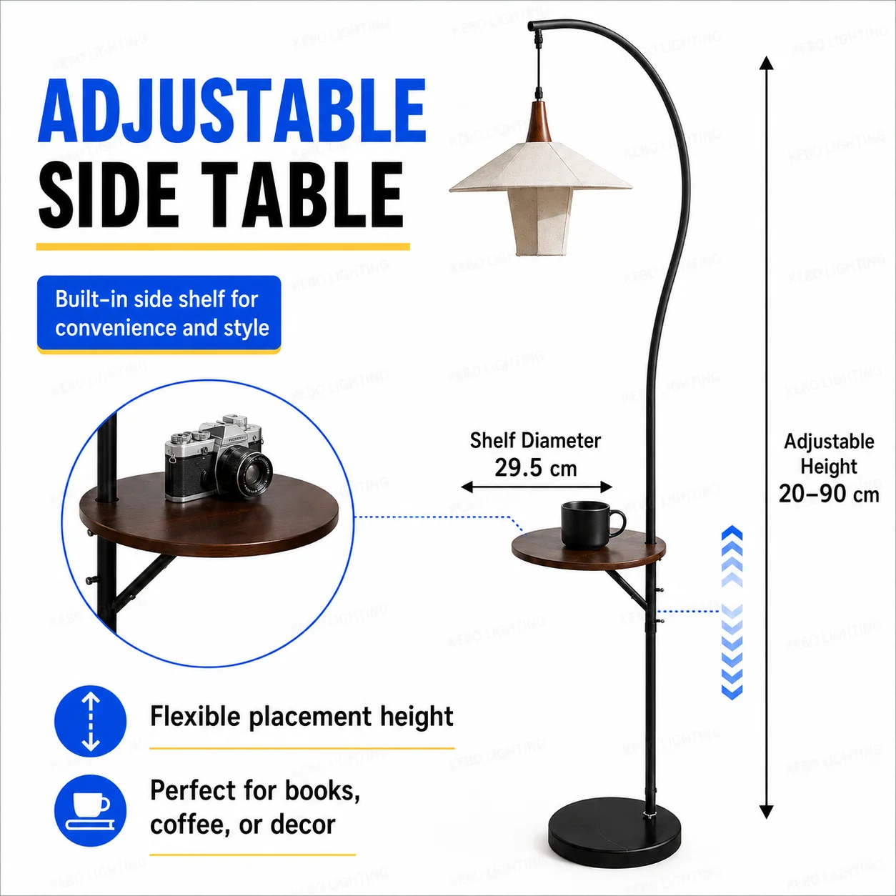 Walnut Shelf Floor Lamp Wood | Storage Shelf Lamp, Standing Corner Lamp with 8W Bulb for Living Room Decor, Bedroom, Office