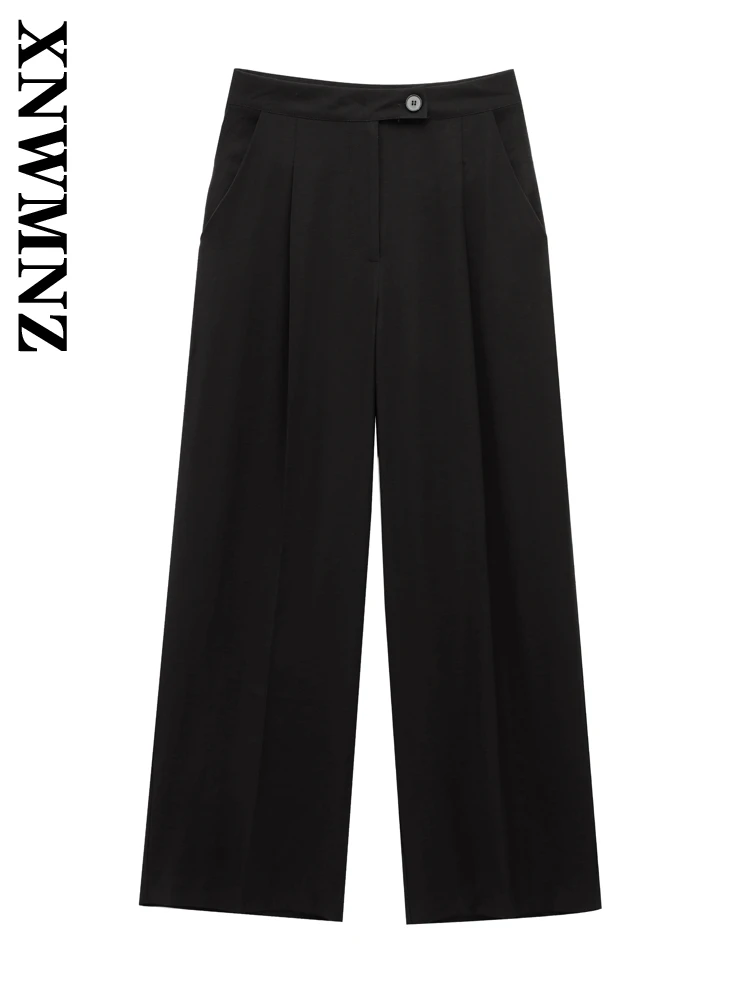 

XNWMNZ 2025 Summer Lady Fashion Button Bottoms Long Pants Glamorous Woman Wide Leg Pants Ruffles Regular Fit Pockets High Waist