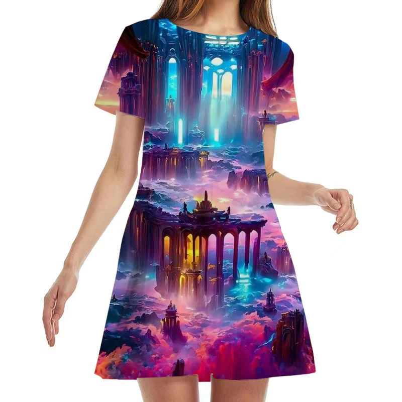 Tie Dye Gradiënt Print Schilderij Vrouwen Jurk Vintage Korte Mouwen A-lijn Jurk Oversized Losse Dames Zomer Kleding Vestidos