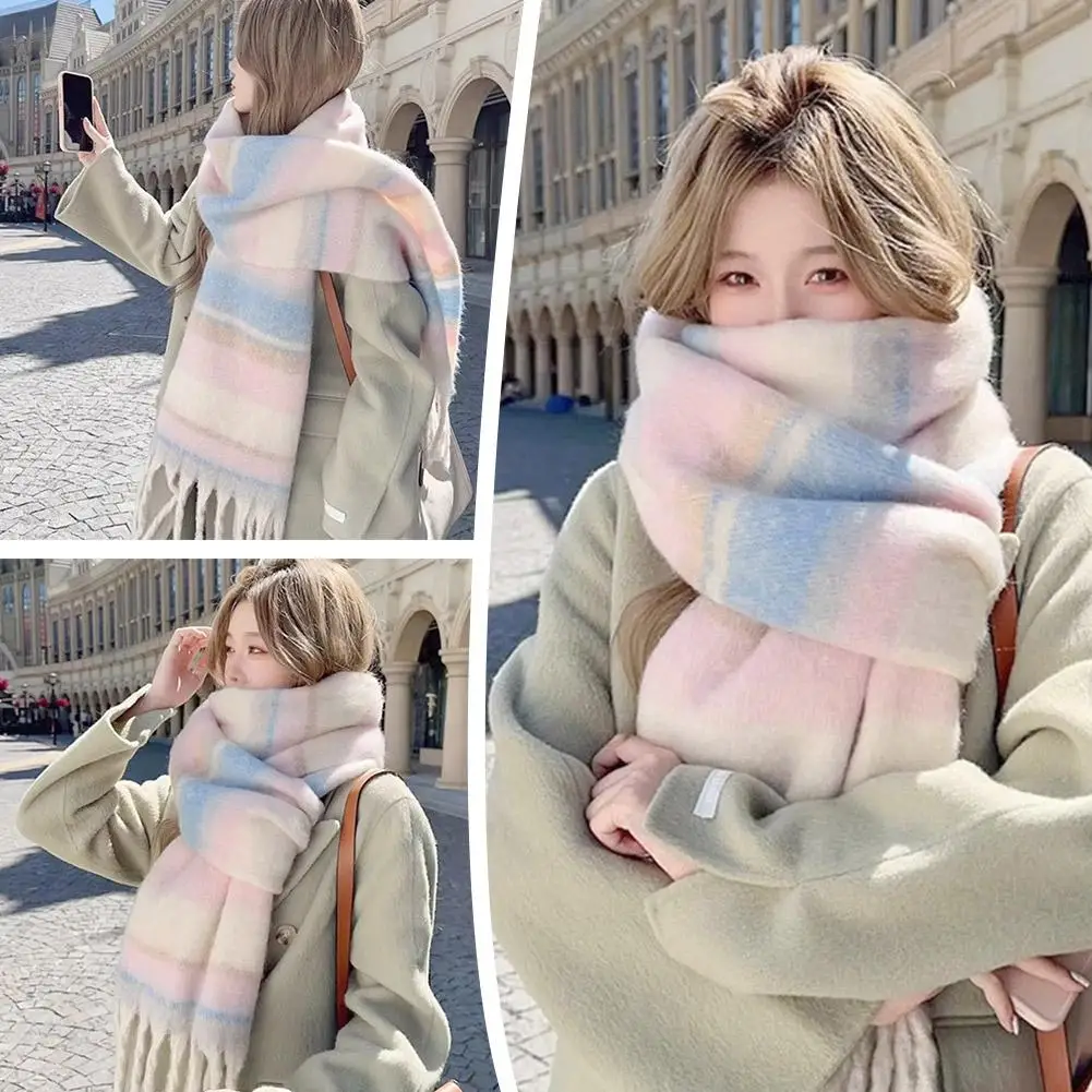 Winter High-End Feel Scarf New Fashionable Versatile Neck Maillard Striped Atmosphere Pashmina Angora Warmer Necklace Thick I9S3