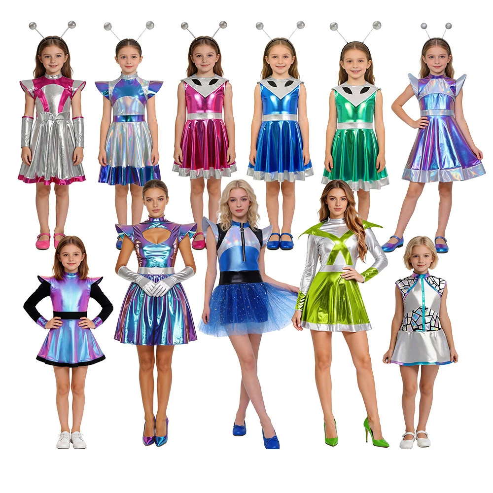 

Alien Cosplay Costume Womens Girls Sleeveless Leather Dress Halloween Space Female Warrior Robot Dress Up Space Party Outfit