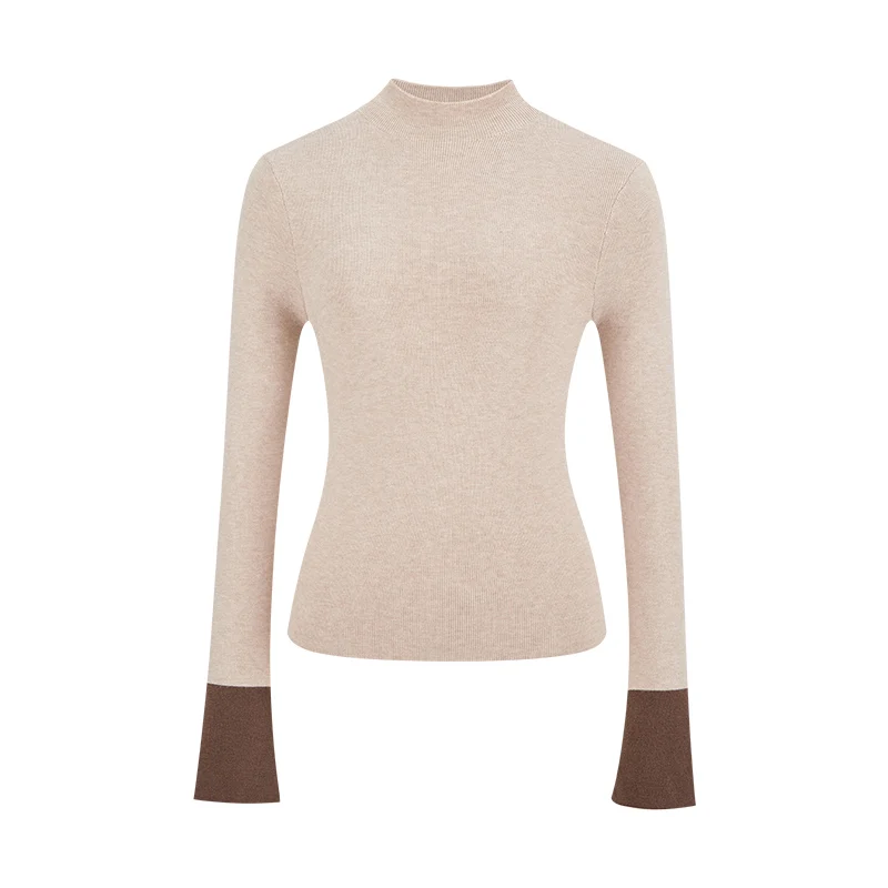 컬러 블록 니트 롱 스웨터 하이 칼라 베이스 티셔츠 여성 패션 가을 겨울 빈티지 슬리브 이너웨어 티셔츠