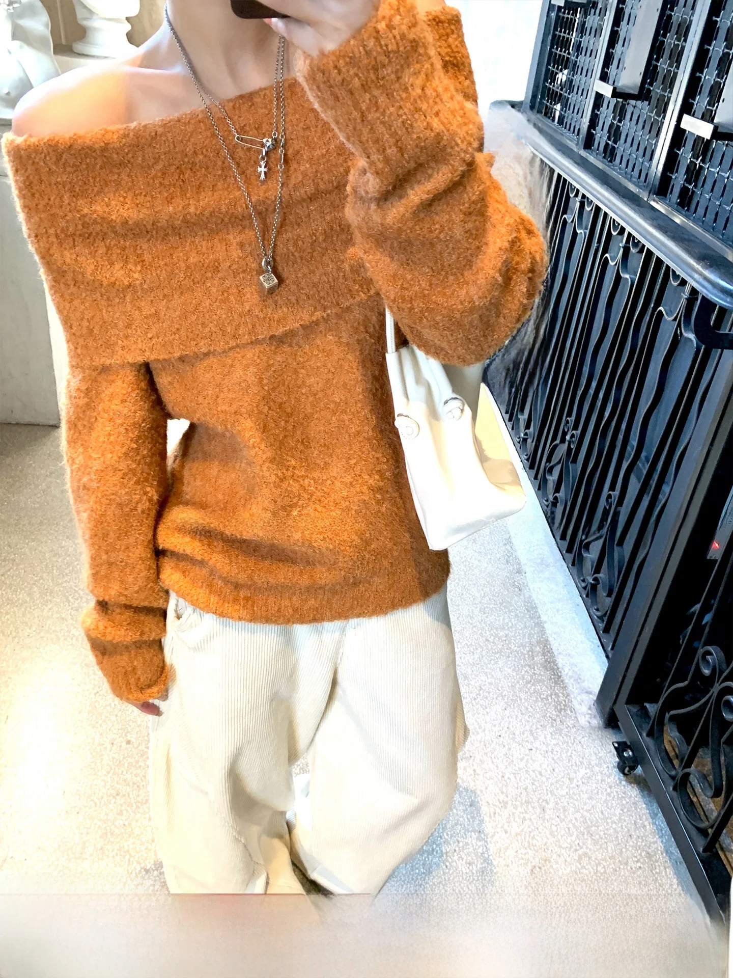 

Новый женский теплый шерстяной свитер GV Big Brother Orange с высоким воротником на одно плечо, двусторонний, осенне-зимний