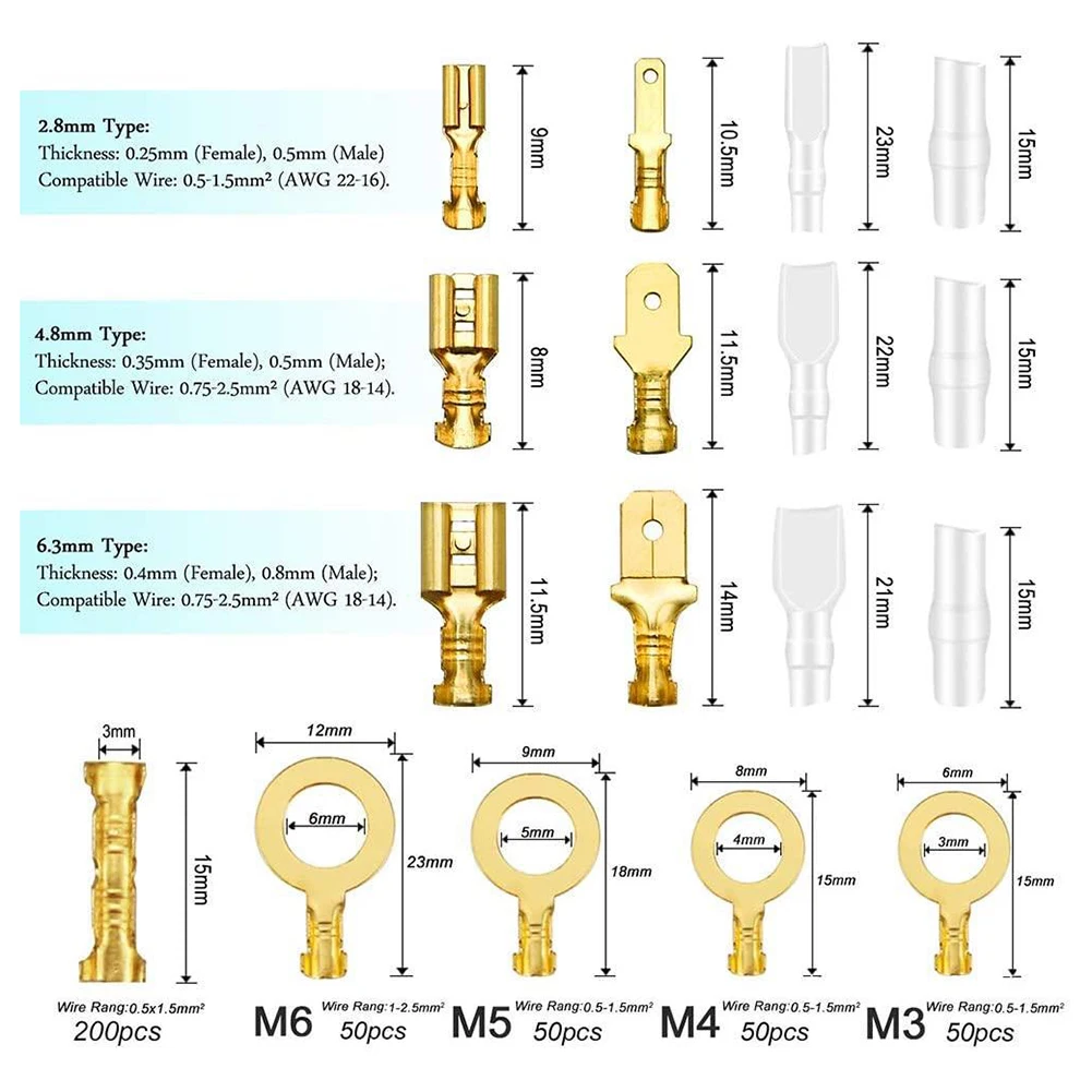 1000pcs Male Female Cable Connector 2.8/4.8/6.3mm Electrical Crimp Terminals Termin Spade Connectors Assorted Kit