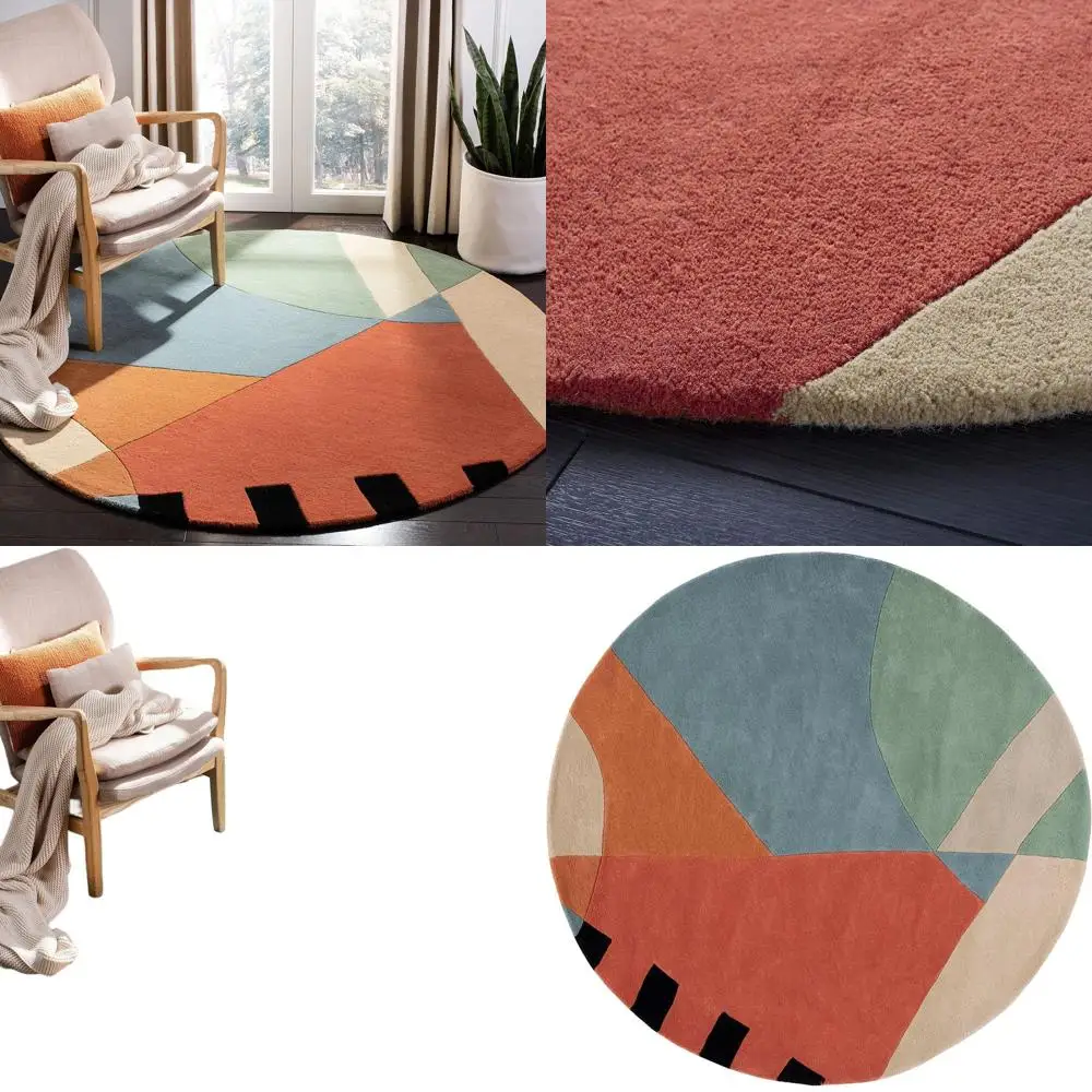 Mid-Century Modern 4' Round Gold Wool Rug, Handcrafted Abstract Design for Entryway, Foyer, Living Room, Bedroom, Kitchen