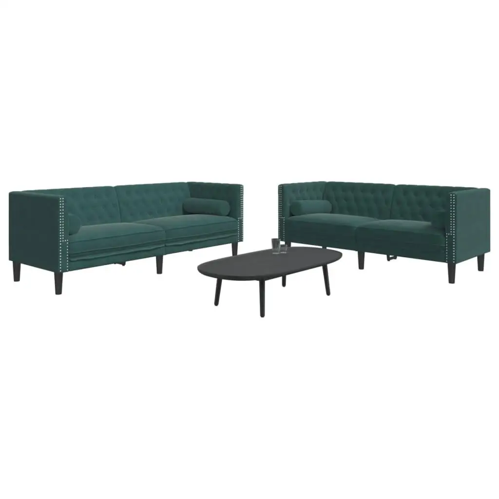 Dark Green Velvet Chesterfield Sofa Set - 2-Piece with Bolsters for Elegant Living Room Decor