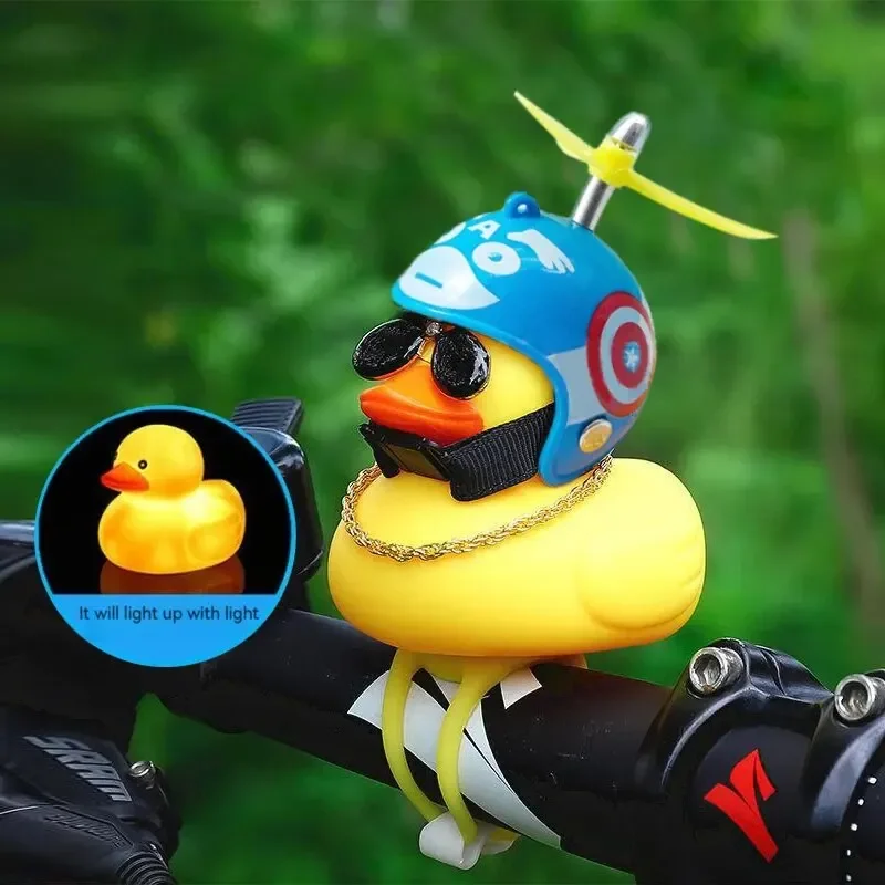 Yellow Rubber Duck Handlebar Ornament Toy with Propeller Helmet with Lights Cute Ducky Motorcycle Riding Faucet Decoration